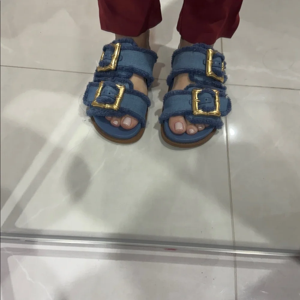 SCHUTZ Blue Sandals with Gold Buckles - Picture 4 of 6